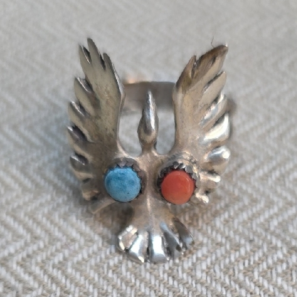Native Silver Eagle Ring with Turquoise and Coral Accents